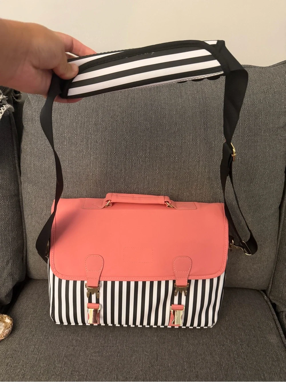 Pink + Black Striped Laptop Satchel Shoulder Bag
